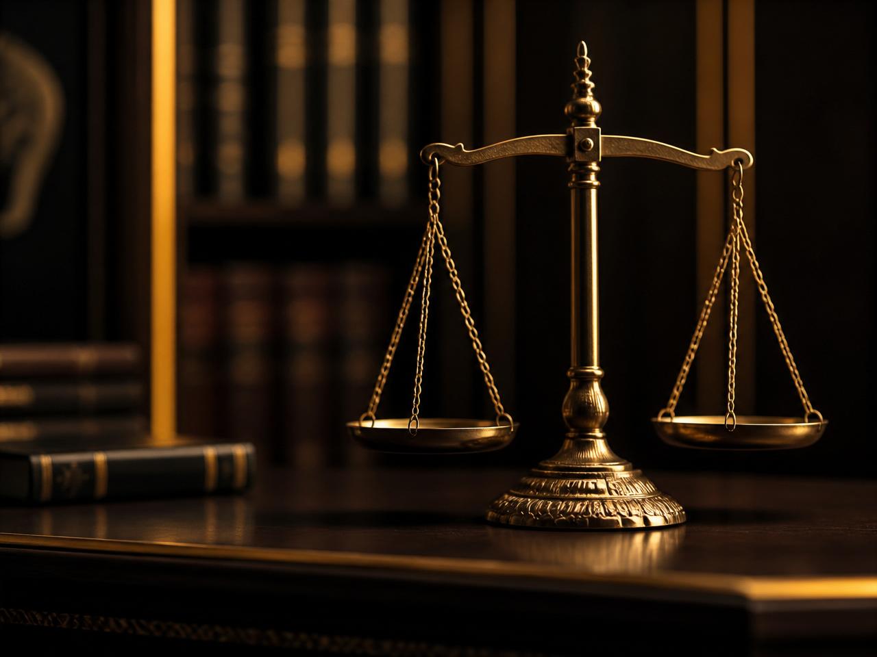 Balança dourada da justiça sobre mesa de madeira em escritório de advocacia